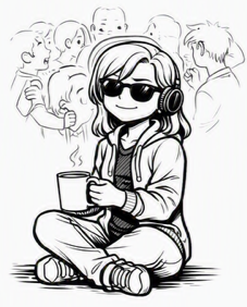 Black and white line art illustration of socially done sandra sitting cross-legged, wearing headphones and sunglasses while holding a mug, with a crowd sketch in the background.