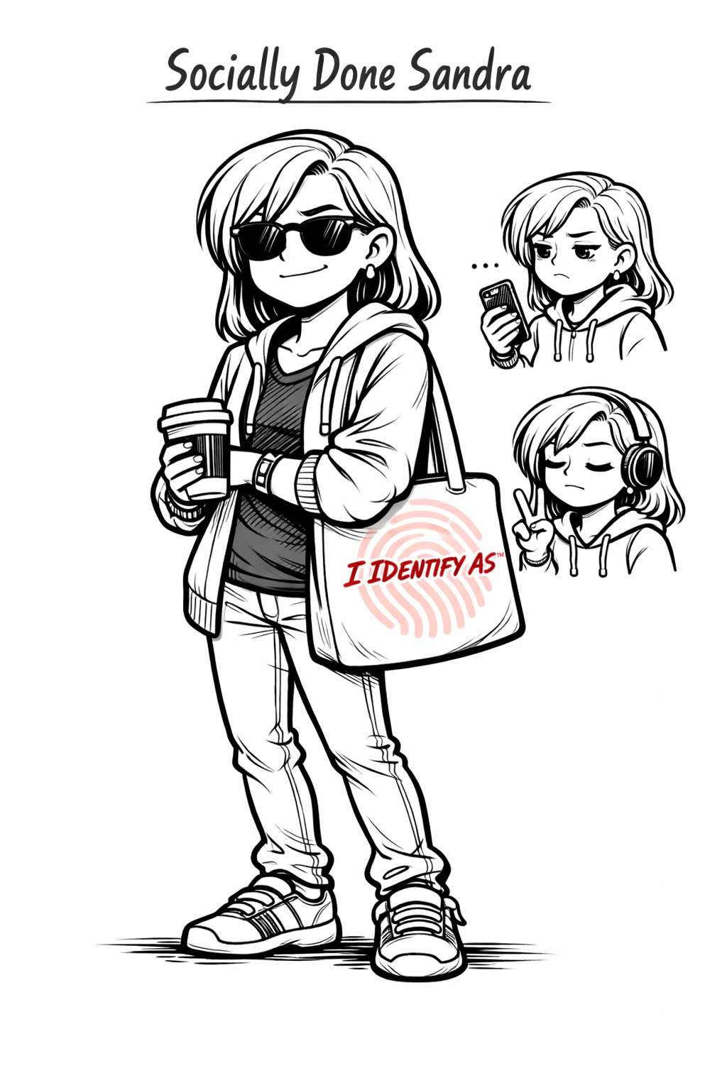Illustration of a Socially Done Sandra with a 'I IDENTIFY AS' bag, with smaller illustrations and text above on a white background.